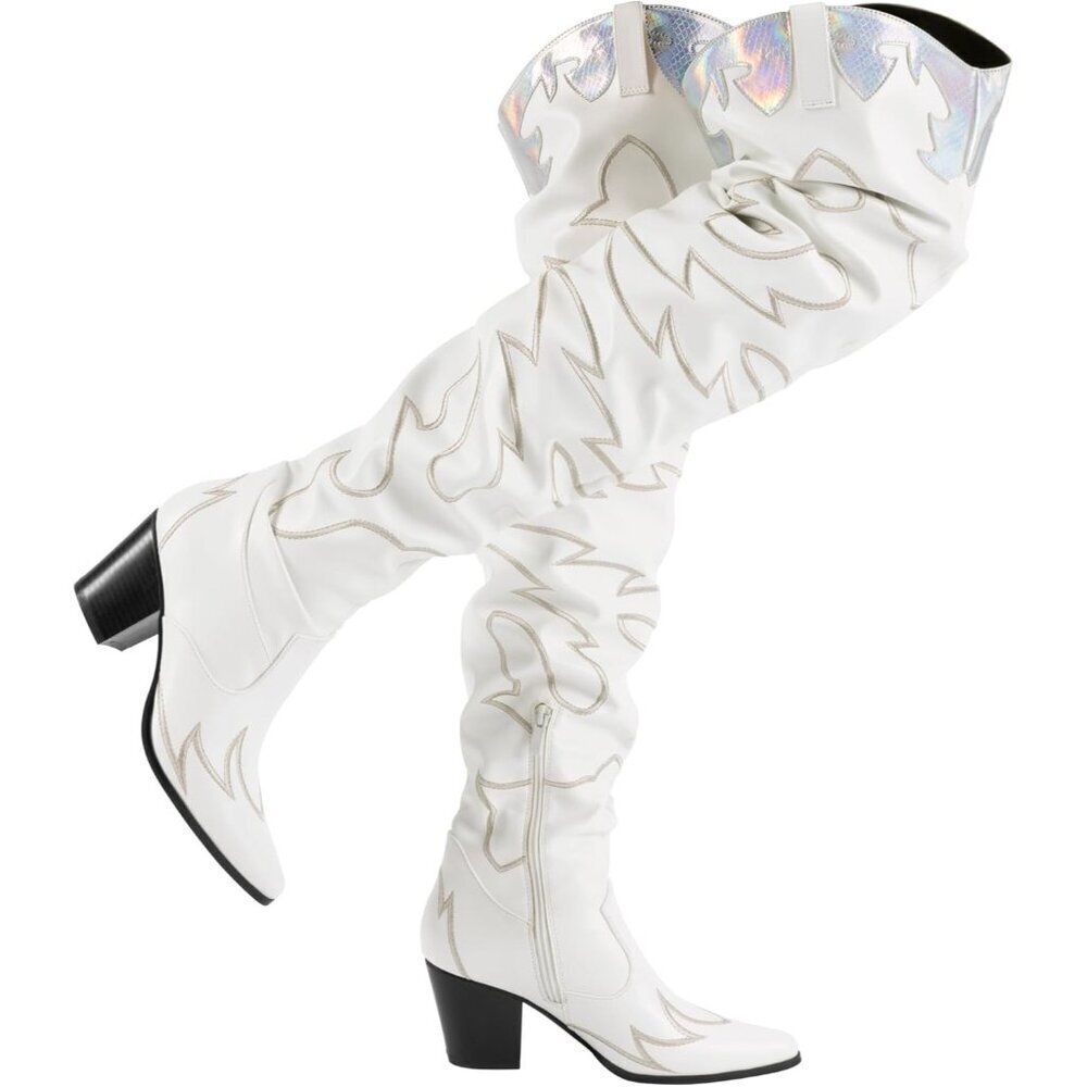 Women White Faux Suede Over The Knee Thigh High Western Pointed Toe Boots